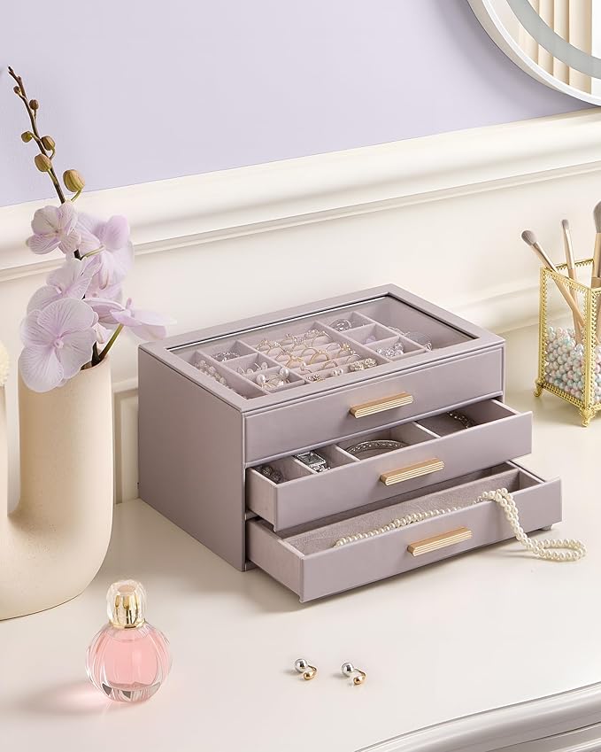 Lolalet Jewelry Box Organizer, 3-Layer Jewelry Organizers and Storage Case with Glass Lid, Ring Earring Bracelet Necklace Holder Organizer, Birthday Valentine Gifts for Women Girls -3Layer, HazePurple