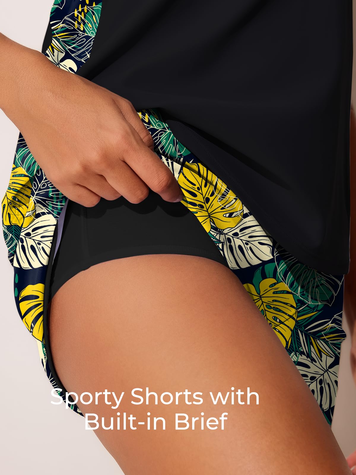 Summer Mae Blouson Tankini Swimsuits for Women 2026 Tummy Control Two Piece Bathing Suits with Sporty Pockets Swim Shorts Yellow Green Monstera Size 16