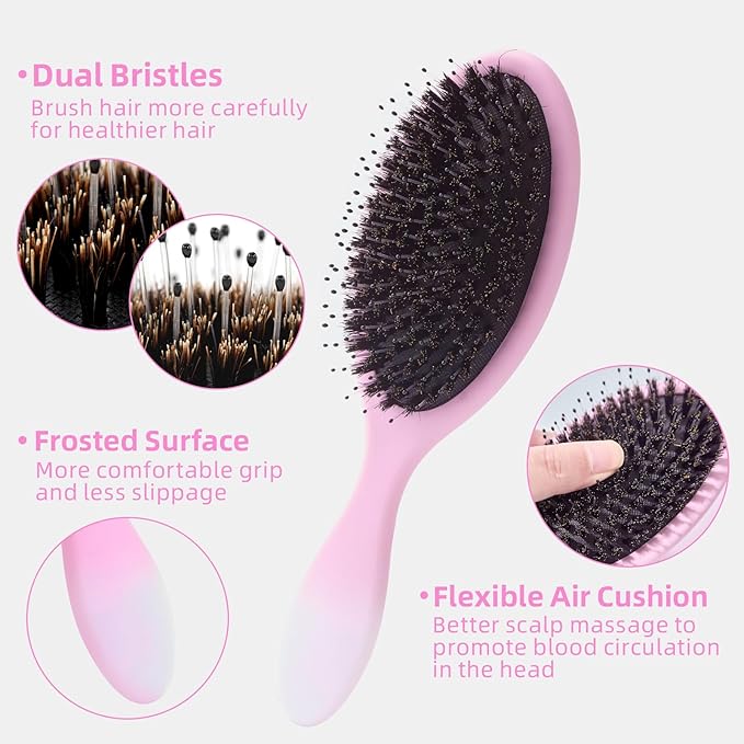 Boar Bristles Hair Brush for Women and Men, Detangling Hair Brush for Smoothing Massage Add Shine, Nylon&Boar Bristles Detangler brush for Hair Healthy (1 Pcs-Pink&White)