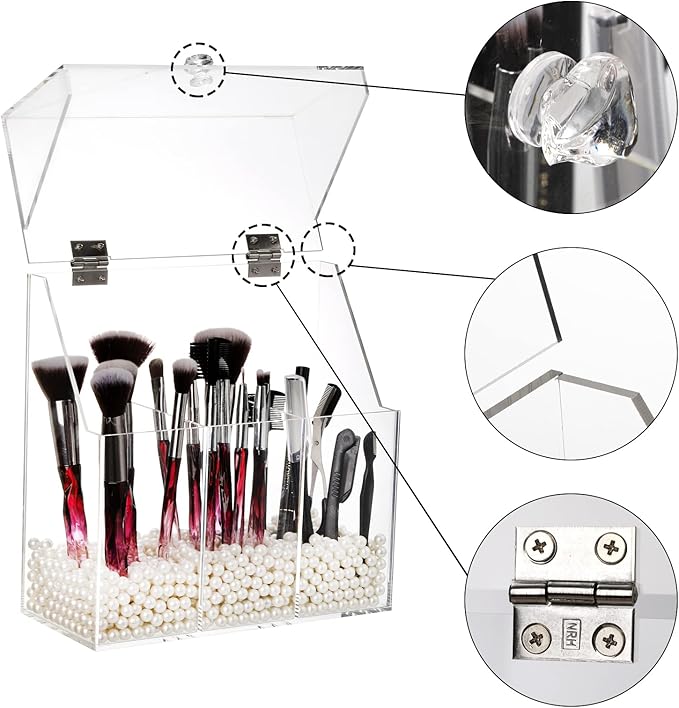 Okllen Makeup Brush Holder with Dustproof Lid, White Pearls, Acrylic Clear Makeup Brush Organizer with 3 Compartment, Large Cosmetic Brush Storage Box Case for Vanity, Bathroom, Bedroom