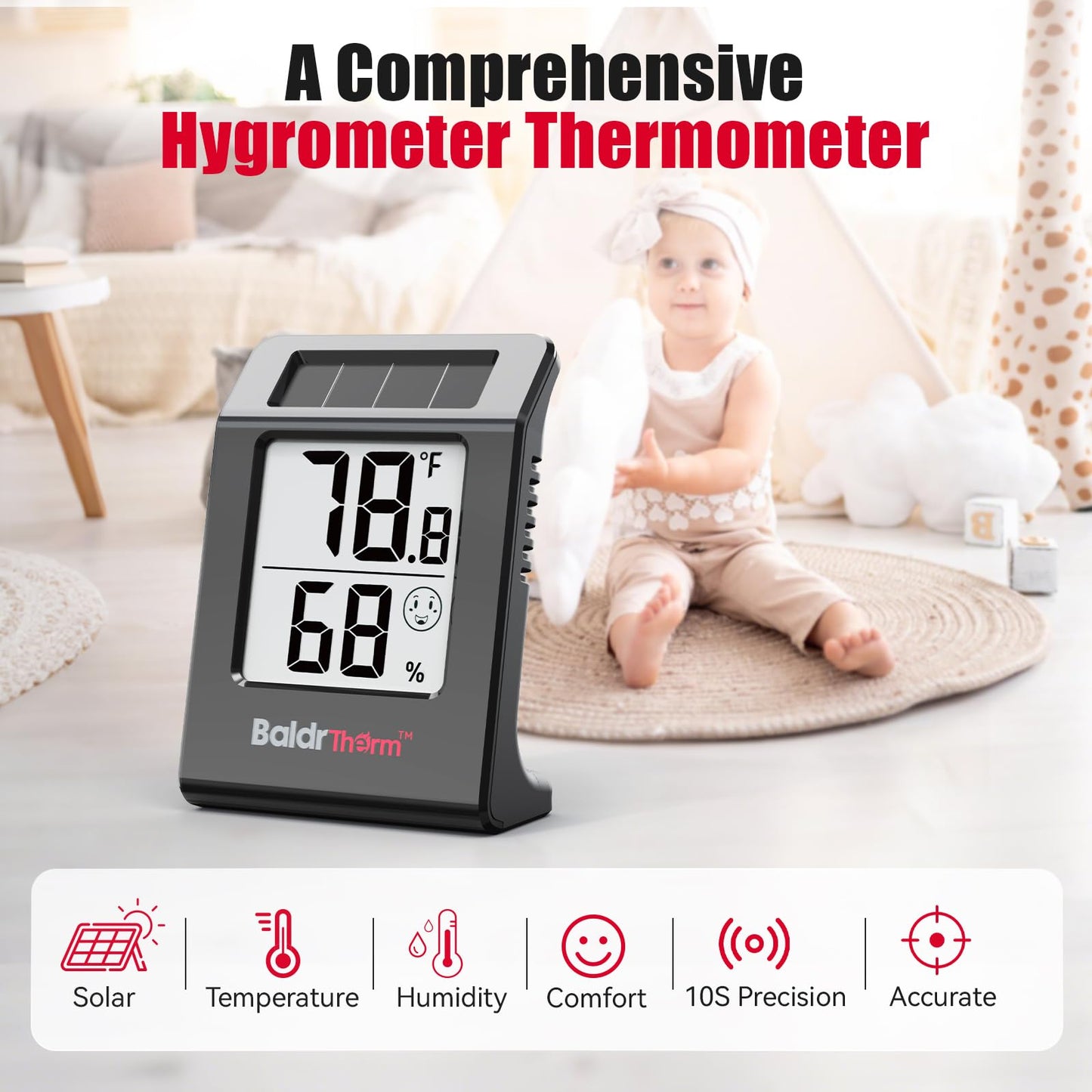 BaldrTherm Humidity Meter Hygrometer, Solar-Powered Room Thermometer Indoor Digital Temperature Sensor Monitor, 2.2''Humidity Gauge for Baby Rooms, Home, Office, 3Pack, Black