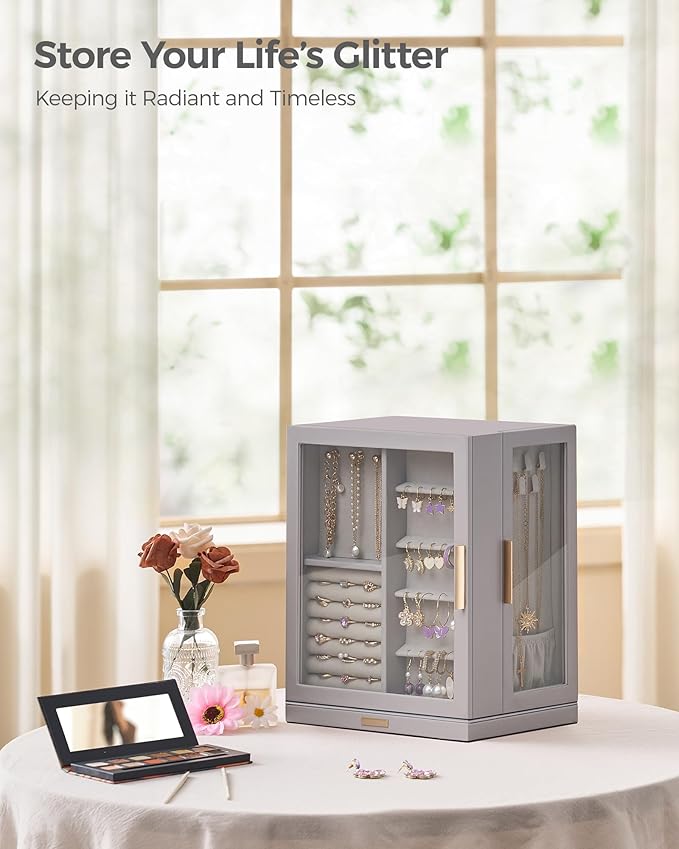Glimmloop 360ÃÂ° Rotating Jewelry Box with 5 Drawers, Spacious Vertical Jewelry Organizer with Glass Window, Jewelry Storage Case, Dustproof & Moisture-resistant Design, Grey