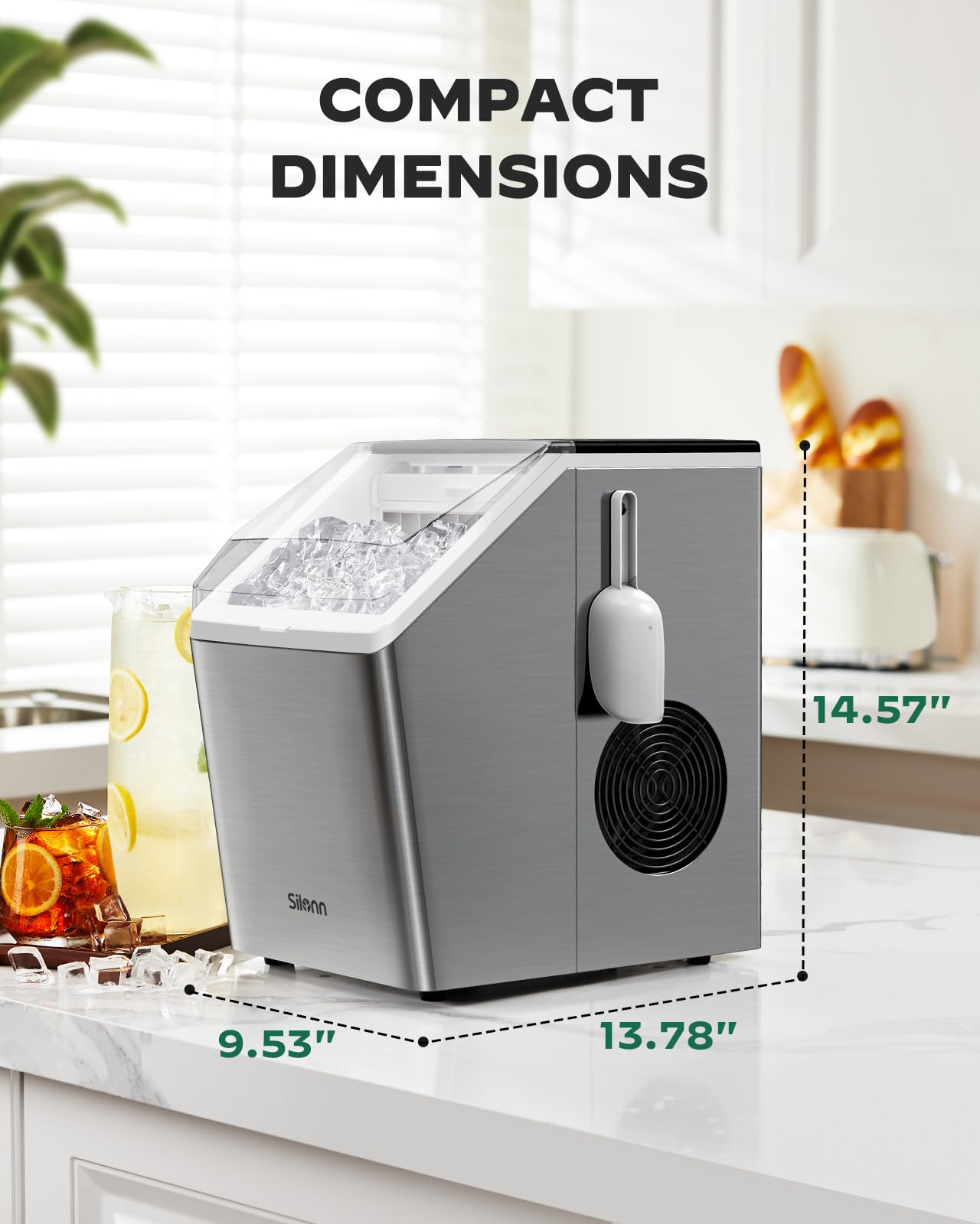 Silonn Ice Maker Countertop 44lbs/Day, Ice Cube Maker with Self-Cleaning, Stainless Steel Ice Machine with 2 Water Fill Options, Compact for Home Office Bar Party