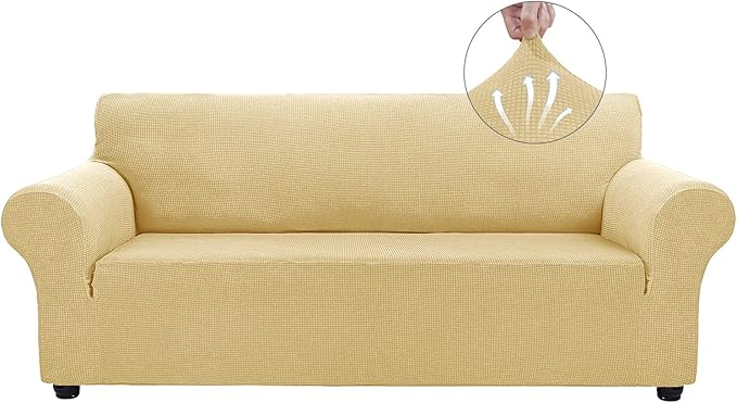 Asnomy Couch Covers for 3 Cushion Couch Stretch Sofa Covers Slipcovers, Pet Protector Furniture Covers for Dogs Cats Spandex Jacquard Fabric Small Checks （Large，Champagne）