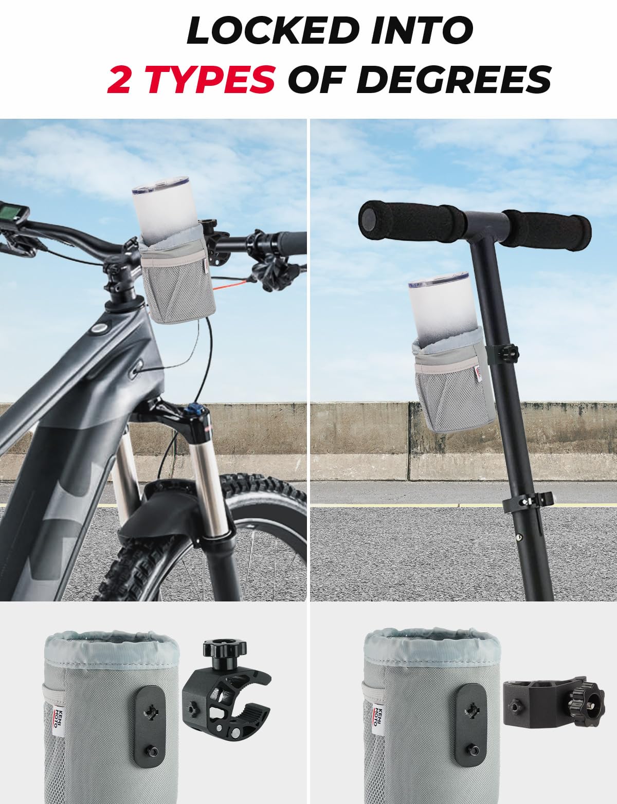 KEMIMOTO Motorcycle Cup Holder, Oxford Fabric Motorcycle Drink Holder with 0.6"-1.5" Alligator Clamp, Universal Water Bottle Cup Accessories for Bike, ATV/UTV, Scooter, Boat, Walker, Gray