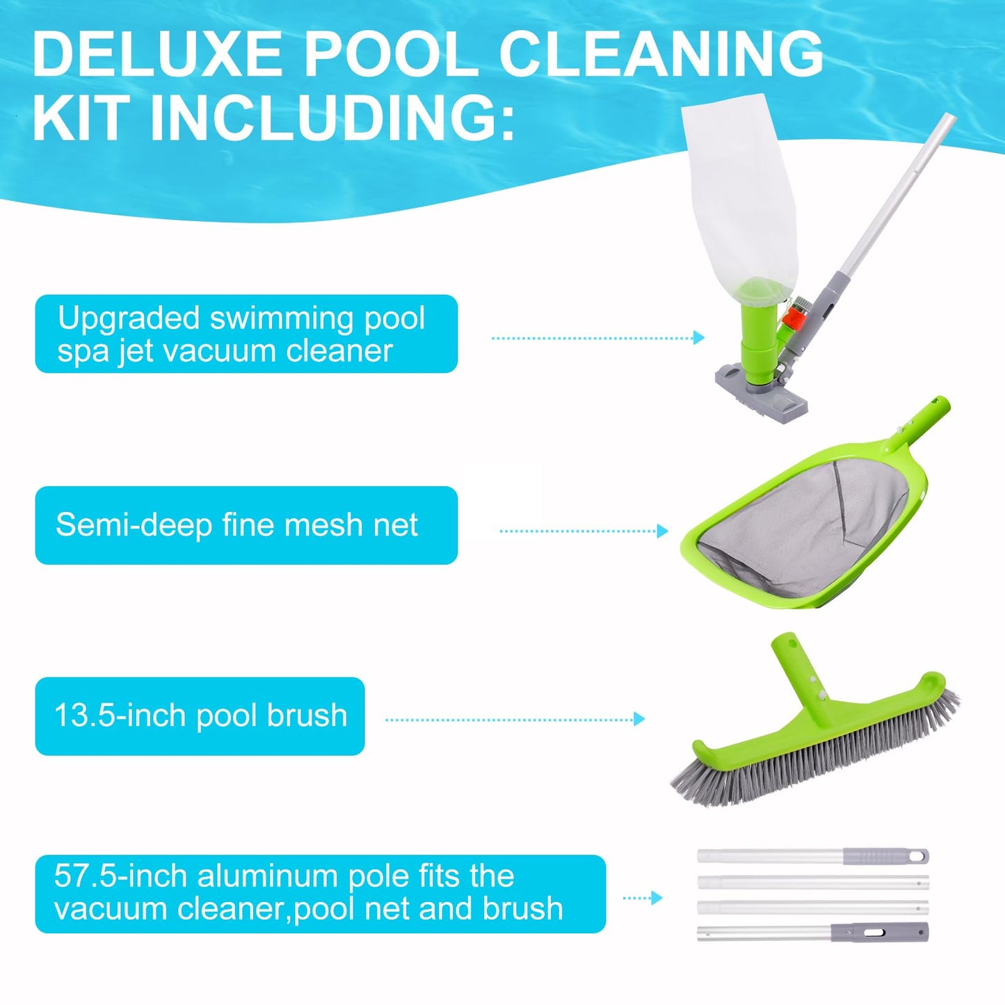 Sepetrel Deluxe Swimming Pool Cleaning Kit with Spa Jet Vacuum Cleaner,Brush, Semi-deep Skimmer Net & Adjustable 57.5-inch Pole,Ideal for Cleaning Above Ground,Inflatable Pools
