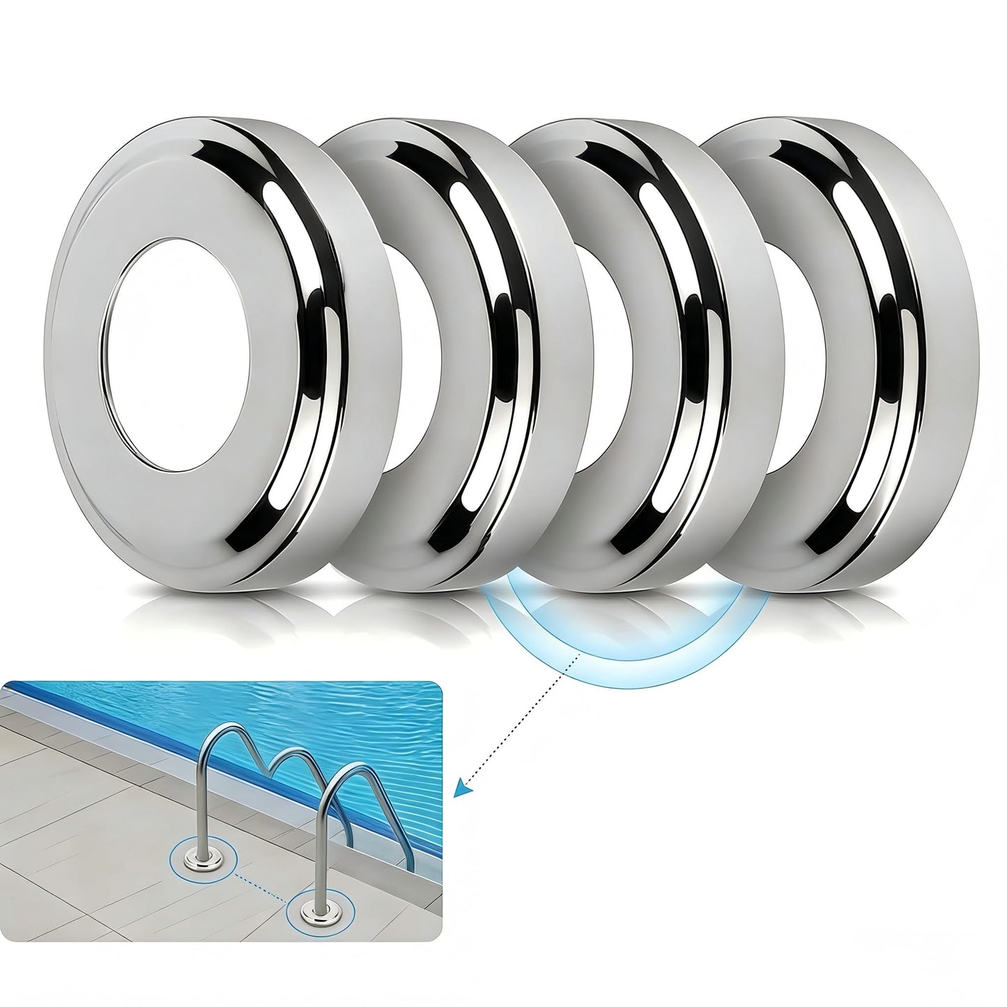Stainless Steel Pool Handrail Covers, Fits 1.9" Tubing, Rust-Proof Escutcheon Plates & Safety Trim Rings for Deck Anchors, 304 Stainless Steel, Mirror-Polished Finish (4)
