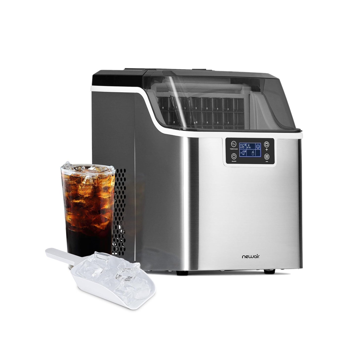 Newair Countertop Clear Ice Maker, 45lbs/Day Ice Cube Machine, Self-Cleaning Function and Custom Ice Thickness, Portable Ice Maker, 24H Timer, Ideal for Home Office and Outdoor Bar, Stainless Steel
