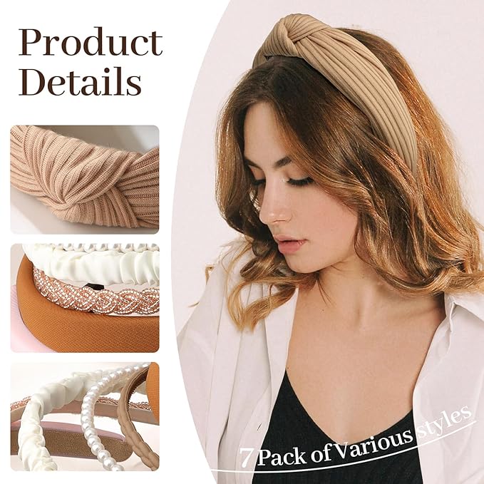 7pc Headbands for Women Trendy Girls Headbands Set, Non Slip Head Bands for Women's Hair Diademas Para Mujer De Moda