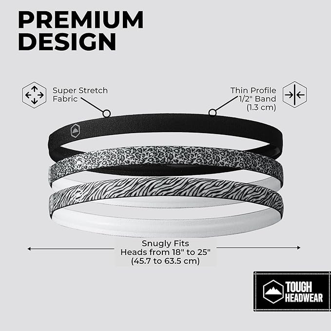 Tough Headwear Thin Elastic Headbands - Sports Hair Head Band for Women & Men - Non Slip Mens Workout Headband - 6-Pack