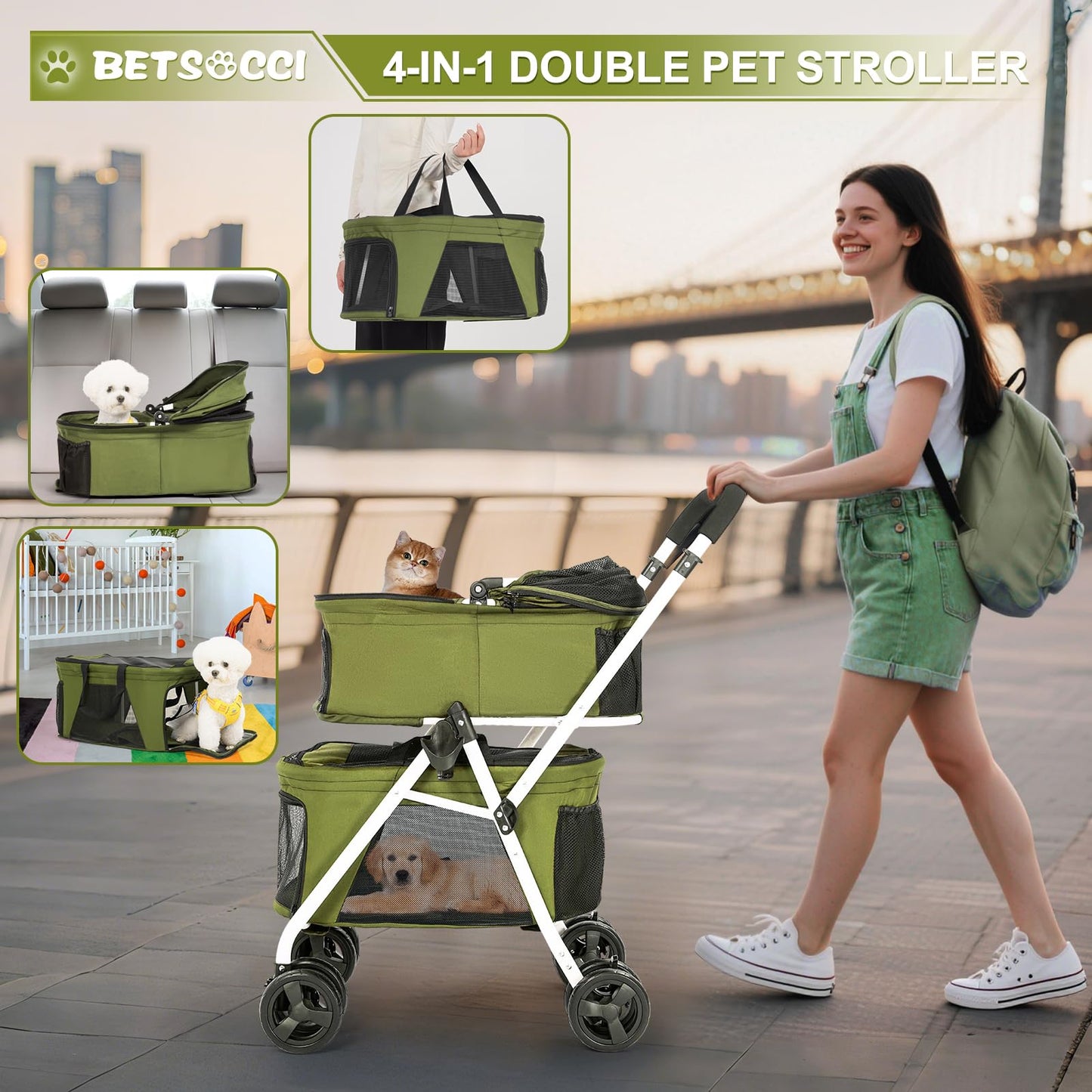 BETSOCCI Double Dog Stroller with 2 Detachable Carrier, Portable Pet Stroller for Small Dogs & Cats Folding Lightweight Puppy Travel Carriage, 4 Wheels, Olive Green