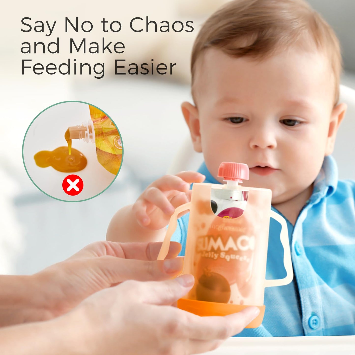 Momcozy Baby Pouch Holder No Squeeze for Food Pouches and Drink Boxes, Allows Baby to Self-feed and Avoid Messes, Baby Food Pouch Holder Handle is Easy to Grip, Comfortable, Green&Orange