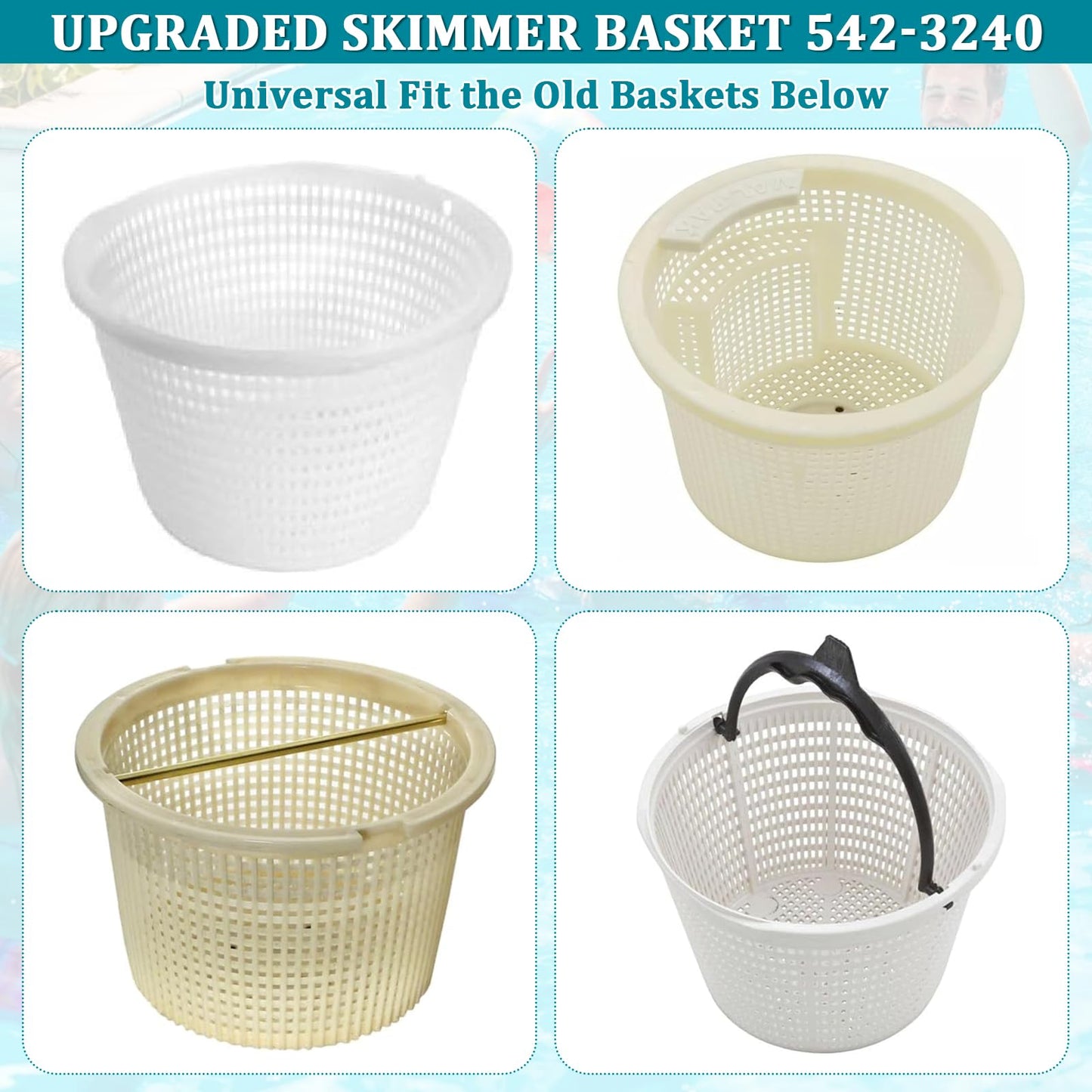 SAQXK 8" Pool Skimmer Basket for Inground Pool, Replacement for Waterway 542-3240/542-3240B Compatible with Bermuda Gunite Pentair U-3 Skimmer Basket 516112 Pool Basket with Stainless Steel Handle