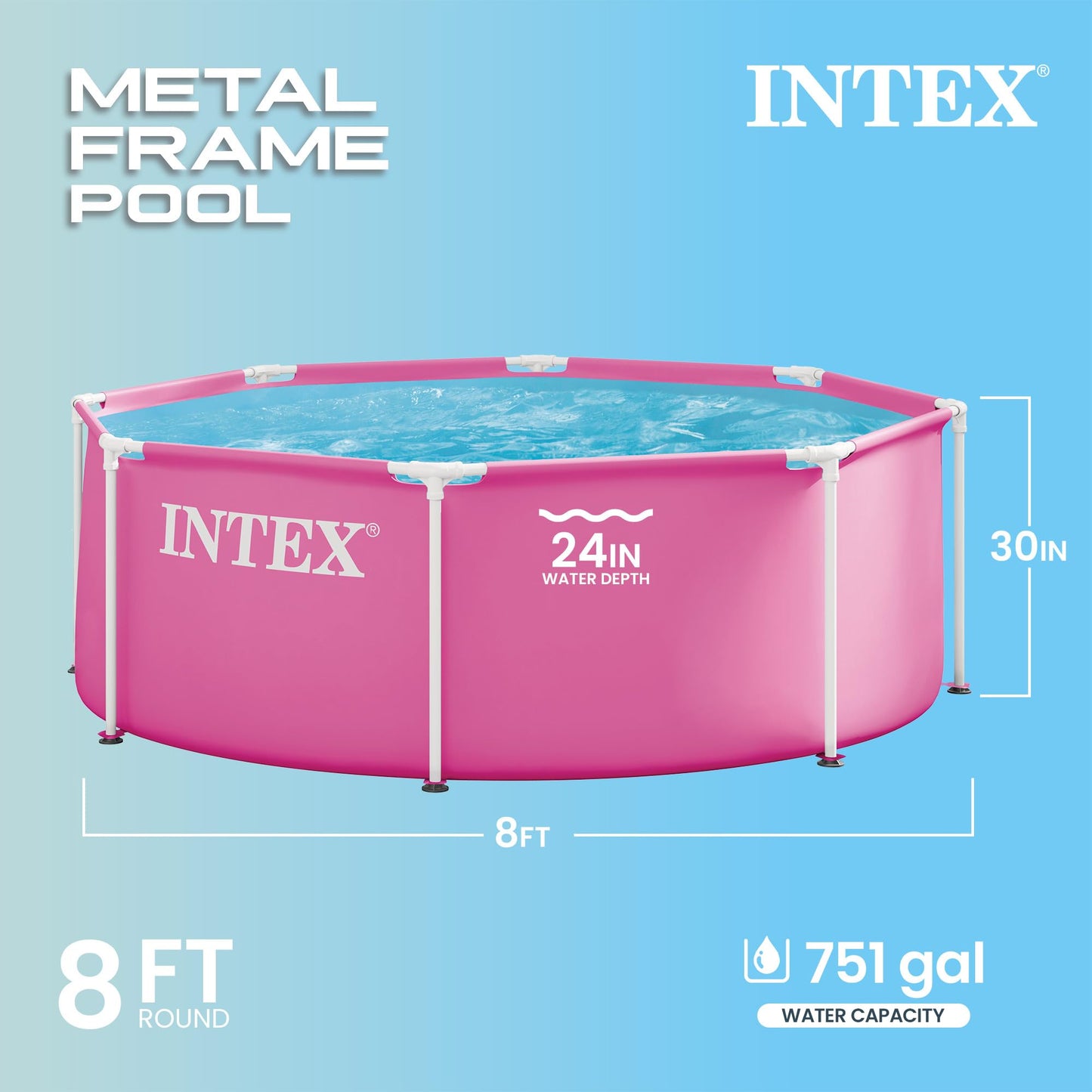 INTEX Metal Frame 8 ft x 30 in Above Ground Pool Set, Round Swimming Pool with Steel Frame