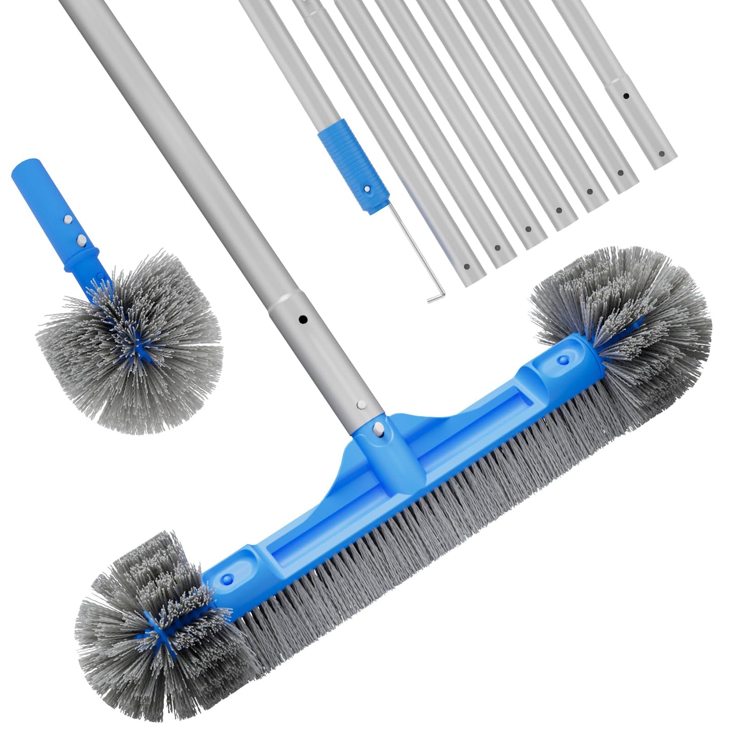 TidyMister Pool Brush Set - 20’’ 2-in-1 Detachable Round Brush with Extra Side Brush for Cleaning Hard-to-Reach Corners, 9 FT Aluminum Extended Pool Pole with Hidden Hook Retriever