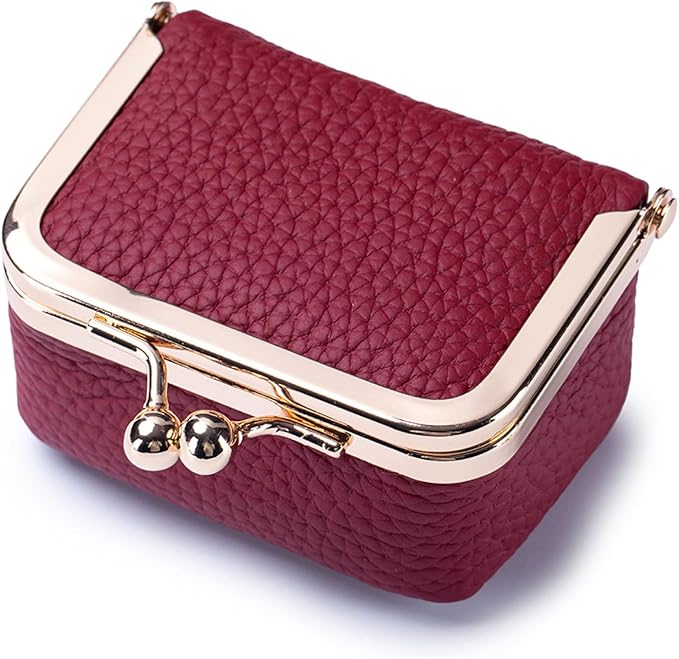 Genuine Leather Mini Jewelry Box - Vintage-Inspired Travel Jewelry Organizer with Kiss Lock, Compact Ring Box for Women, Perfect for Earrings, Rings, Necklaces, Bracelets (B Red)