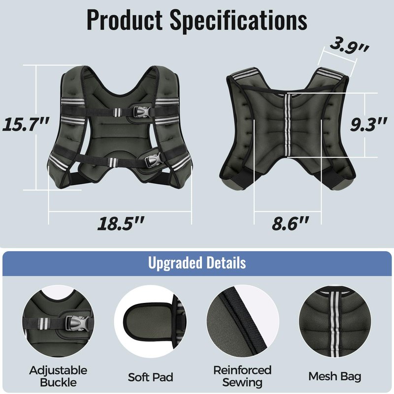Zeerun Weighted Vest, 6lb/8lb/10lb/12lb/15lb/18lb/20lb/24lb/30lb for Men Women, Reflective Stripe Adjustable Buckle, Comfortable Durable Rucking Vest for Walking Running Strength Training, 18LBS-Gray