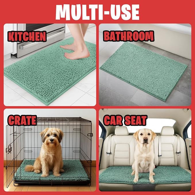 MudGuard Mat™ Dog Door Mat for Muddy Paws, Super Absorbent Microfiber, Non-Slip Indoor Mat, Quick Dry Chenille Mud Mat for Dogs & Entryway, Washable, Sea Green 36" x 60"