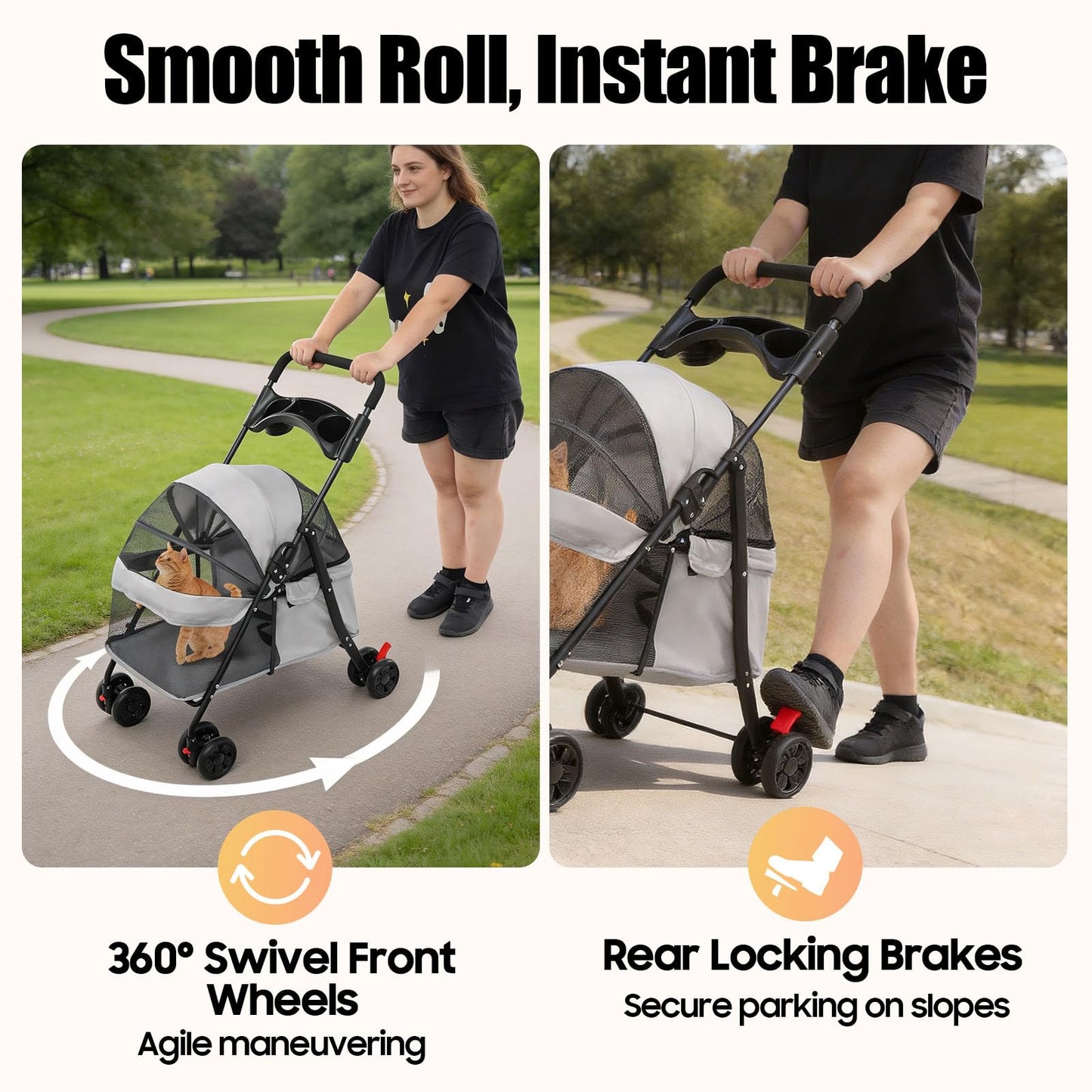 Pet Stroller for Small Medium Dogs Cats, Lightweight Foldable Pet Wagon with 360° Front Wheels & Brake, 40 lbs Capacity Carrier for Park Travel Shopping, Breathable Mesh Basket (Light Gray)