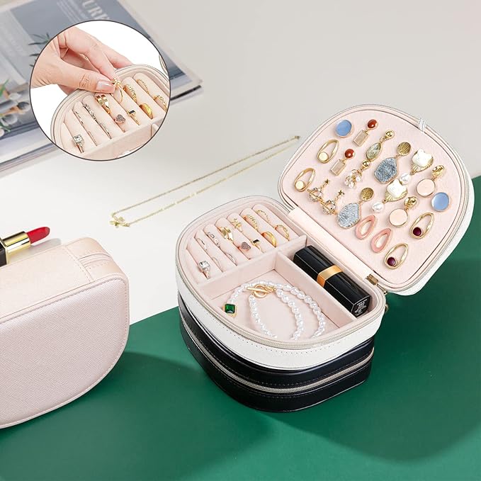 ProCase Travel Size Jewelry Box, Medium Portable Seashell-Shaped Jewelry Case, 2 Layer Mini Jewelry Organizer in PU Leather for Women -White