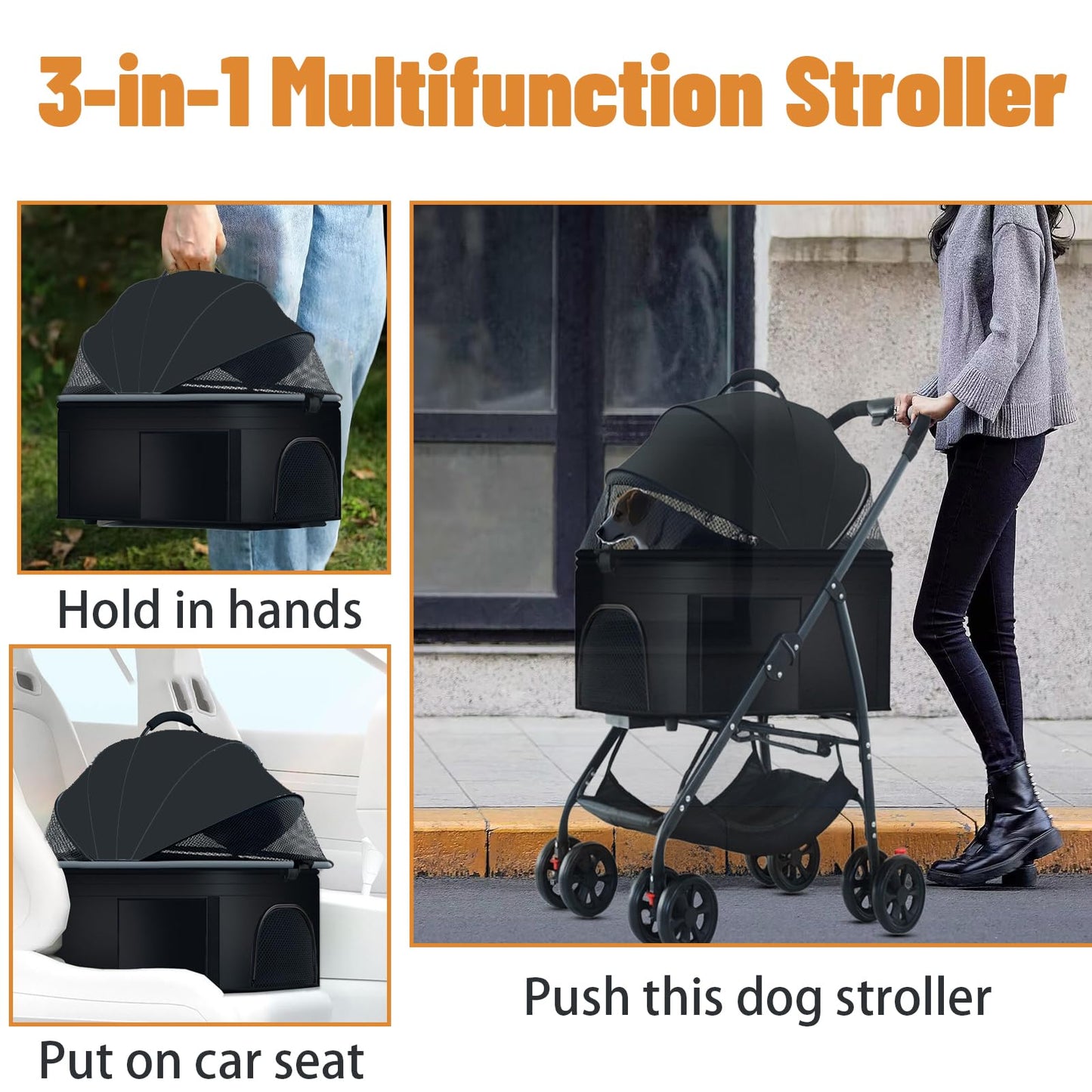 ZHUOKECE 3-in-1 Pet Dog Stroller, Dog Wagon with Removable Carrier, Cat Stroller for Medium Dogs Up to 55lbs (Black)