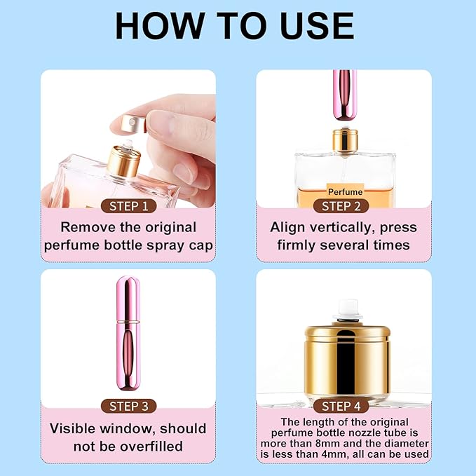 Portable Mini Perfume Atomizer Bottle, Refillable Spray, Scent Pump Case, Travel Atomizer (5ml, 5 Pack) (Pink, Gold, Black, Silver, Blue)