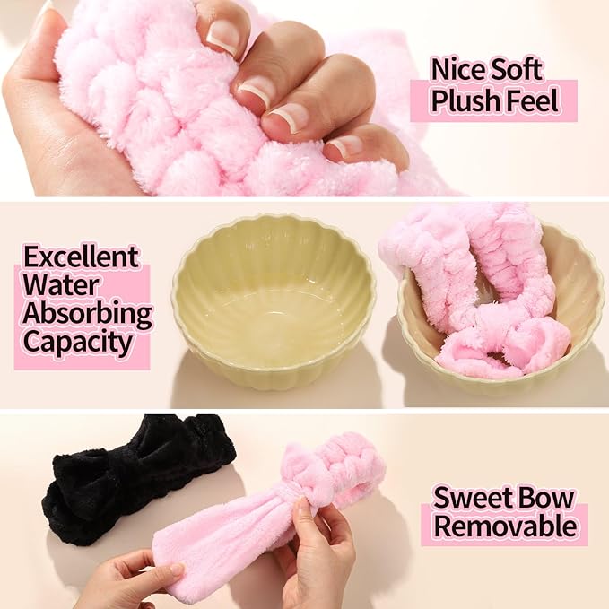 LEOBRO Spa Headband for Skin Care and Makeup, Headbands for Washing Face for Teen Girls Women, with Hair Scrunchies, Basket Valentines Gifts for Girls Women (Pink & Creamy White & Black)