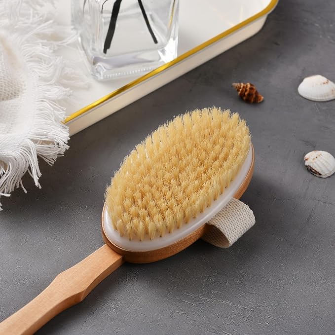 Dry Brushing Body Brush Set Ã¢ÂÂ Natural Bristle Spa Exfoliator Kit with Face Cleansing Brush, Long Dry Brushing Body Brush for Lymphatic Drainage & Massaging Cellulite Brush for Smooth, Radiant Skin