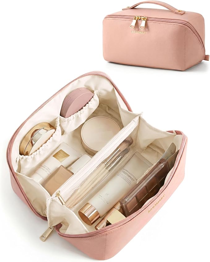 BAGSMART Makeup Bag Travel Cosmetic Bag, Large Make Up Bag Flat Open Toiletry Bag for Women, PU Leather Travel Essentials Organizer Case, Wide-open Pouch Purse for Skincare, Brushes, Nude Pink