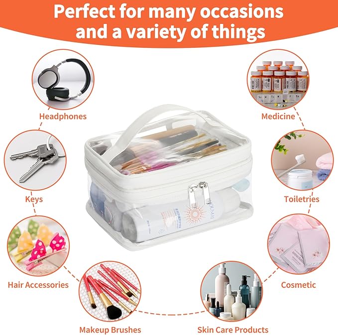 HAOGUAGUA Double Layer Clear Cosmetic Bag Makeup Bag, Waterproof Travel Toiletry Bag, Transparent PVC Pouch Organizer (White)