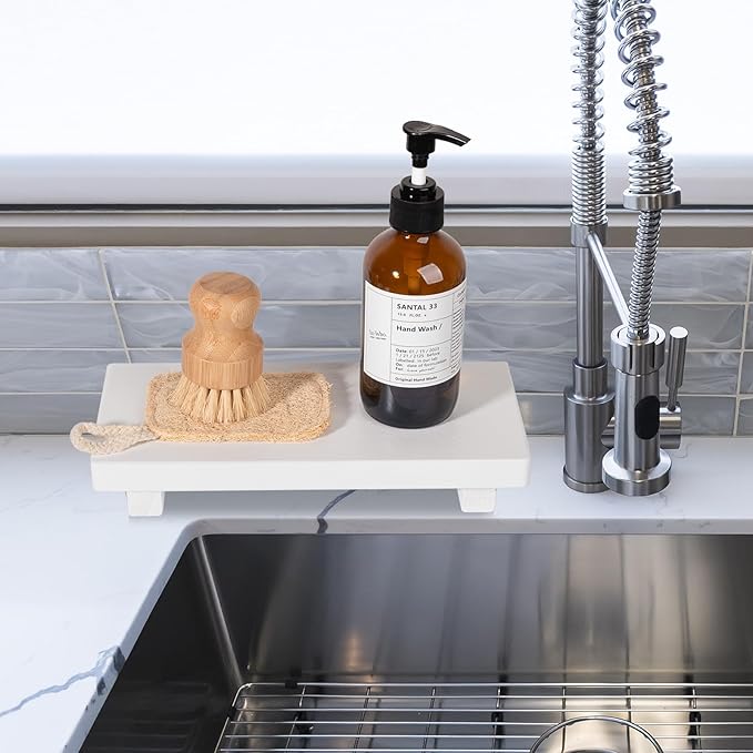 zoocatia Small Wood Tray Pedestal Stand Farmhouse Bathroom Decor Decorative Wooden Riser Kitchen Soap Dish Holder for Vanity, Counter, Sink, 10" x 4.5" - White