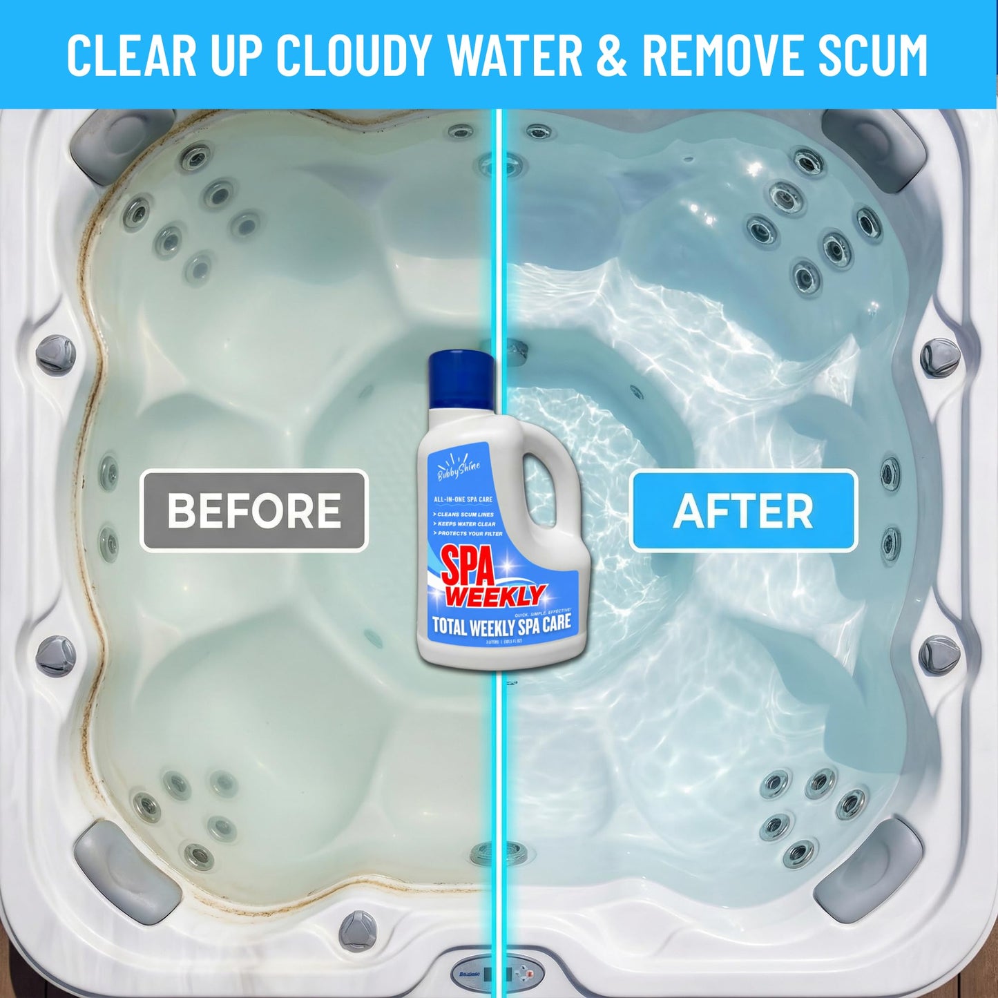 5-in-1 Hot Tub Chemicals – Spa Weekly Enzyme Cleaner & Clarifier, Scum Line Cleaner, Filter Protector + Water Conditioner, Clear Finish for Spas & Inflatable Tubs, 3 Liter (101.5 fl oz) – BubbyShine