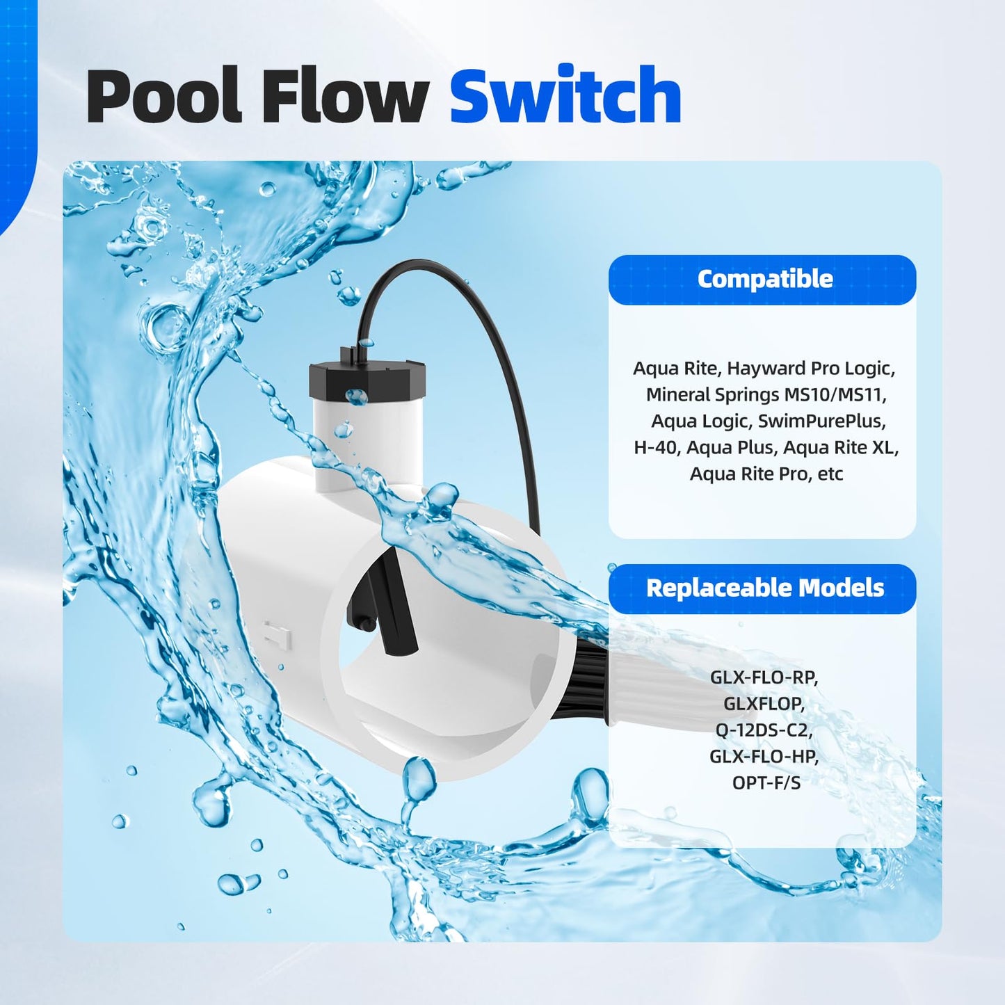 Hoodutric Flow Switch, GLX-FLO-RP for Hayward Goldline Aquarite Salt System Pool Flow Sensor Suitable Aqua Rite Swimming Pool Salt Cell System Assembly with Tee and 15ft Cable