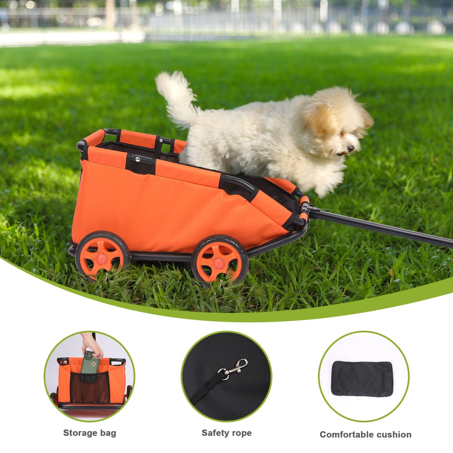 AESRAOU Mini Dog Strollers for Mini Pets, Foldable Multifunctional Shopping Carts with Extendable Pull Handle, Doggie Wagon Built-in Cushion and Safety Rope with Storage Bag (Orange)