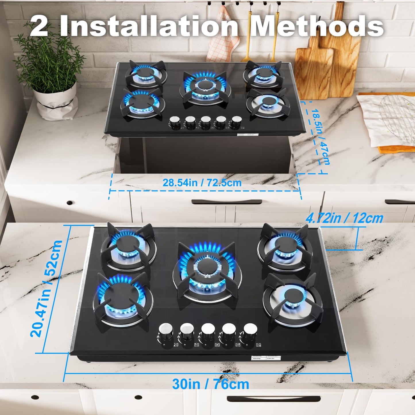 Borrallio Built-in Gas Cooktop 5 Burner 30 inch, Dual Fuel Tempered Glass Gas Stovetop Propane/Natural Gas Convertible,Thermocouple Protection,35900BTU