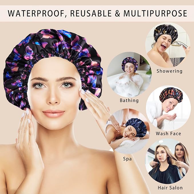 4 PCS Shower Cap for Women, Elastic and Reusable Bath Caps, Double Layers Shower Caps Reusable Waterproof, Bathing Shower Caps, Environmental Bath Hair Protection Cap - Butterfly A