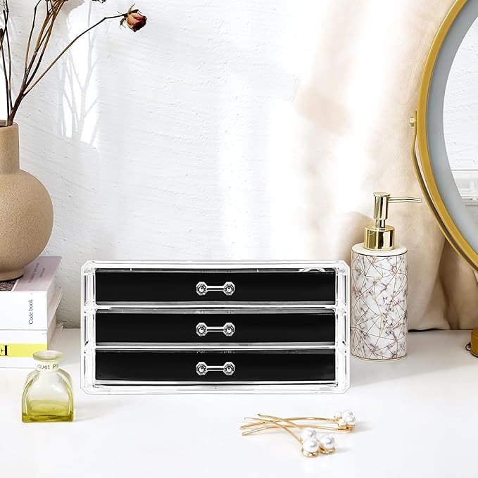 ProCase Earring Holder Organizer Jewelry Box with 3 Drawers, Acrylic Clear Earring Case with Adjustable Velvet Trays for Women - Black, 3 Layers
