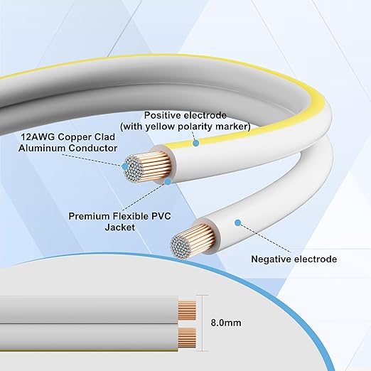 Mygatti 12AWG Speaker Wire 75 FT, 12/2 Gauge Audio Speaker Wire, for Car Speakers Stereo, Home Theater, Automotive Wire, White Jacket with Yellow Polarity Marker, CCA, 2 Conductors Electrical Wire