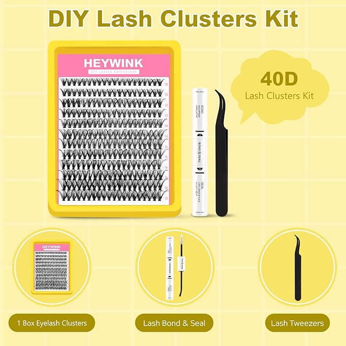 Lash Clusters Kit Eyelash Extension Kit Lash Clusters D 10-18mm Mix 40D Individual Lashes with Lash Bond and Seal and Remover Lash Applicator for Lash Extension Beginners(40D 10-18MM Kit)