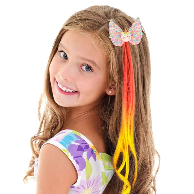 Little World Hair Clips for Girls - 6 Pcs Curly Clip in Hair Extensions with Cute Unicorn Bow - 13in Gradient Color Hair Clips for Girls Clip On for Toddler Kids Girls Ponytails Accessories