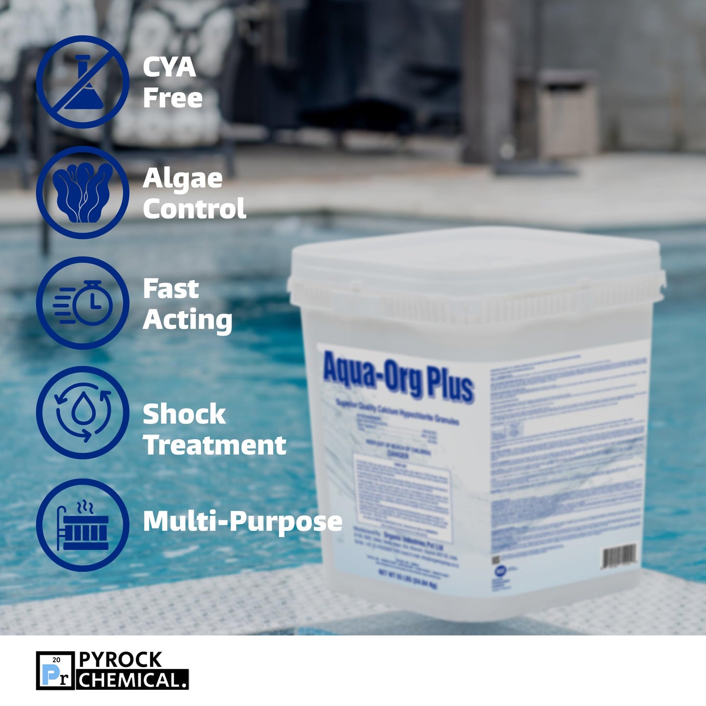 Pool Shock by Aqua Org Plus - New Square 50 Pound Pail - 65% Granular Cal Hypo - Swimming Pool Shock for In-Ground, Above Ground, Spas & Hot Tubs
