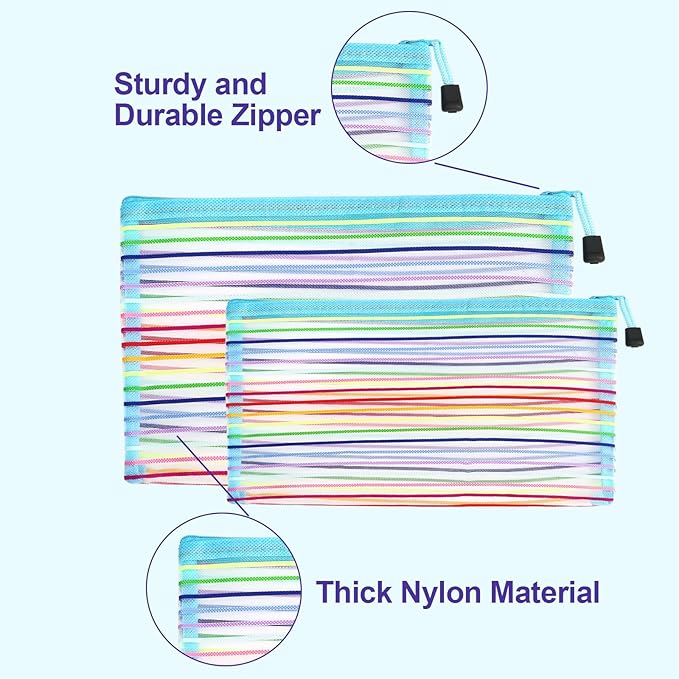 Mesh Bags with Zipper (6 Pack), Nylon Makeup Bag Cosmetic Pouches Travel Organizer Case for Purse Diaper Bag Home Organizing Striped Multi Size Blue