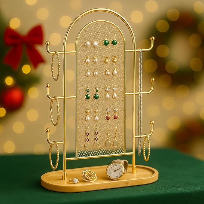 Jewelry Display Earring Stand Gold Organizer Earring StorageTree Jewelry Rack Towers with 6 Hooks 300 Stud Holes Wood Tray for Necklaces Bracelets Ring