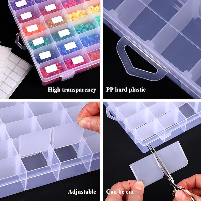OUTUXED 4 Pack 36 Grids Plastic Bead Organizer Box with Dividers, Clear Craft Tackle Box Parts Storage Containers with Compartments for Jewelry Fishing Tackle Art DIY with 5 Sheets Label Stickers