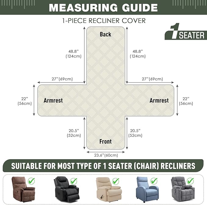 TAOCOCO 100% Waterproof Recliner Chair Cover, Non Slip Recliner Covers for Recliner Chair with Pocket, Washable Reclining Chair Cover Furniture Protector for Kids,Dogs(23.6'', Sage Green)