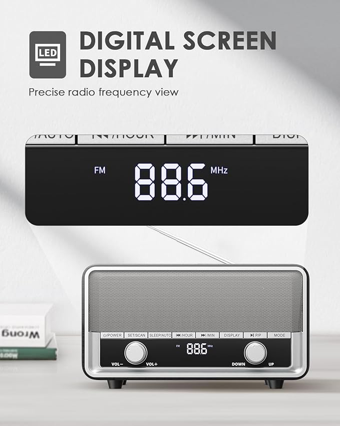 Vintage Wood AM FM Clock Radio with Bluetooth, Digital Clock Radio for Bedroom with LCD Display | 40 Presets | Sleep Timer | No Alarm, Retro Bluetooth Speaker for Office,Home, Kitchen (Black)