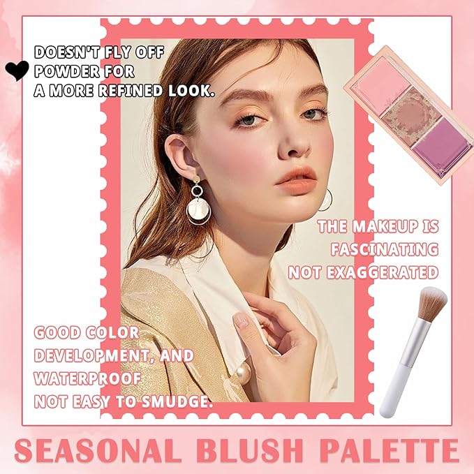 2Pcs 3 Colors Blush Palette for Cheeks with Make Up Brush,Face Matte Contour Blush Makeup Palette,Buildable Shimmer Facial Cheek Blusher Shades,Blendable Cosmetic Makeup Blush