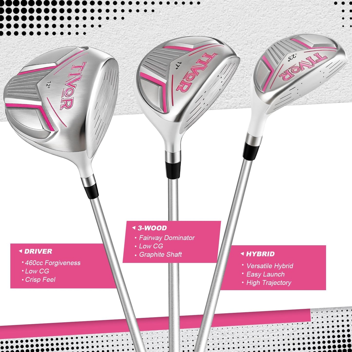 Golf Clubs for Women Left Handed Complete 14-Piece Set with Driver Fairway Hybrid Irons Putter Stand Bag & 3 Headcovers - Beginner Womens Golf Set Pink