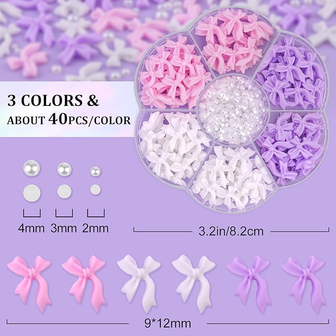 Cute Bow Charms and Flatback Pearls Set - 10, 120 Pcs Pink, White, Lilac Bow Charms + 2-4mm White Nail Pearls with Pickup Tweezer and Pencil for Nail Art Decoration
