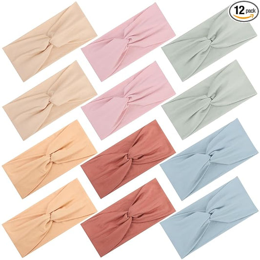 12 Pcs Stretchy Headbands for Women, Absorbed Sport Headband Soft Twist Knotted Hairbands for Daily Life Yoga Workout(Warm Morandi)